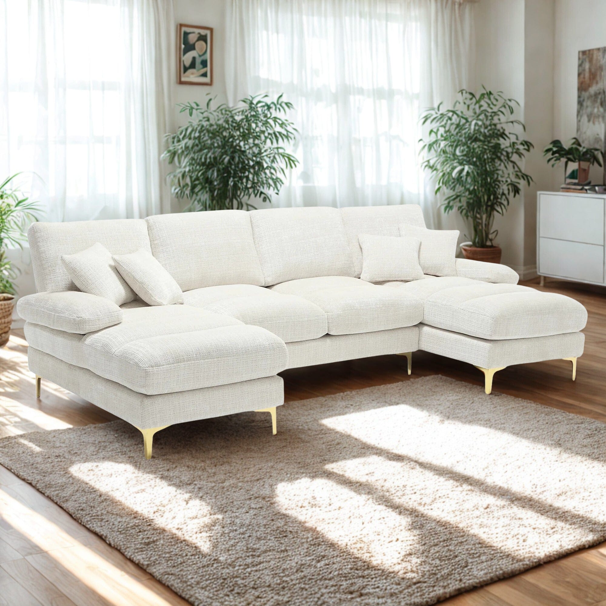 Canapé Panoramique Blanc XXL en U Tissu Chenille