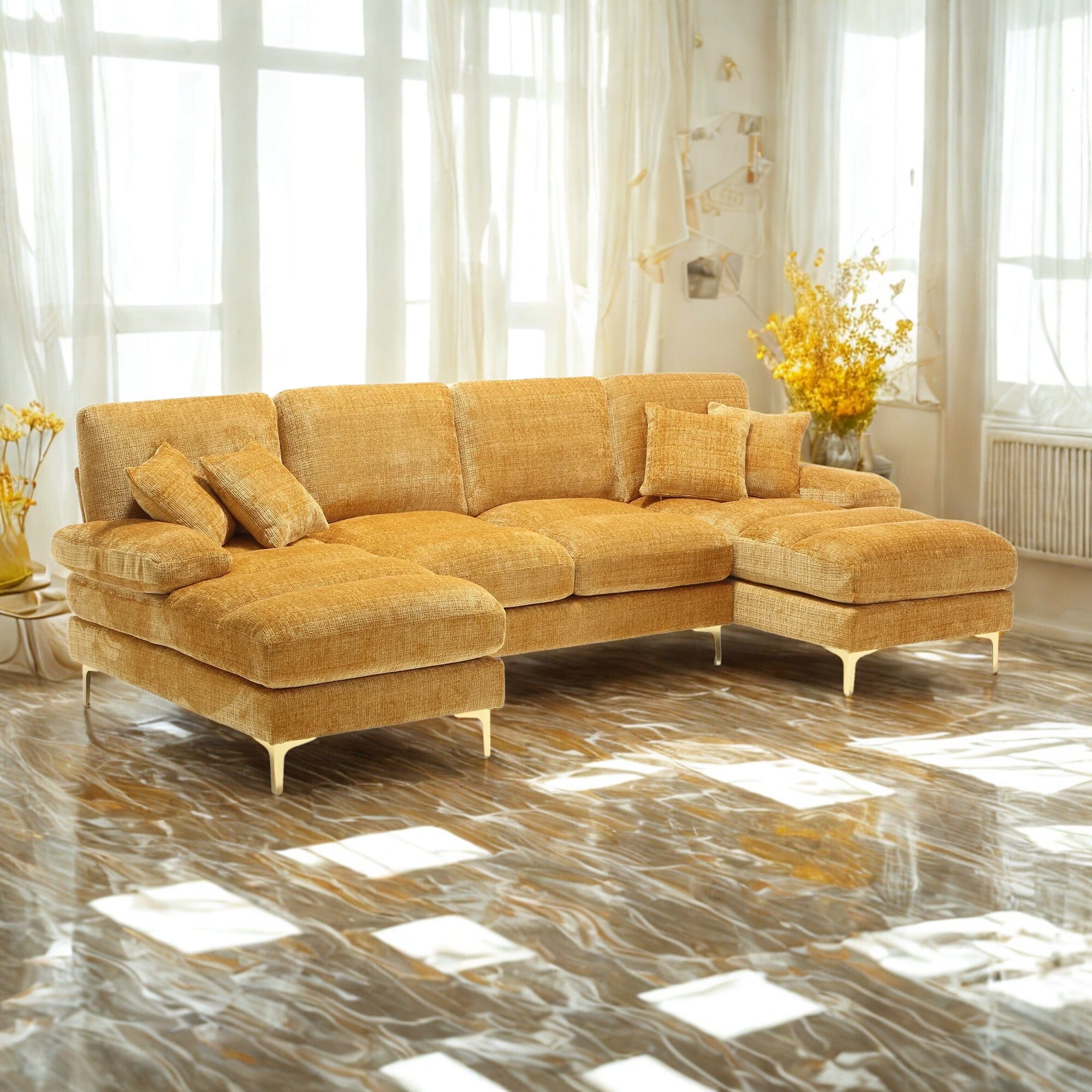 Canapé Panoramique Jaune XXL en U Tissu Chenille
