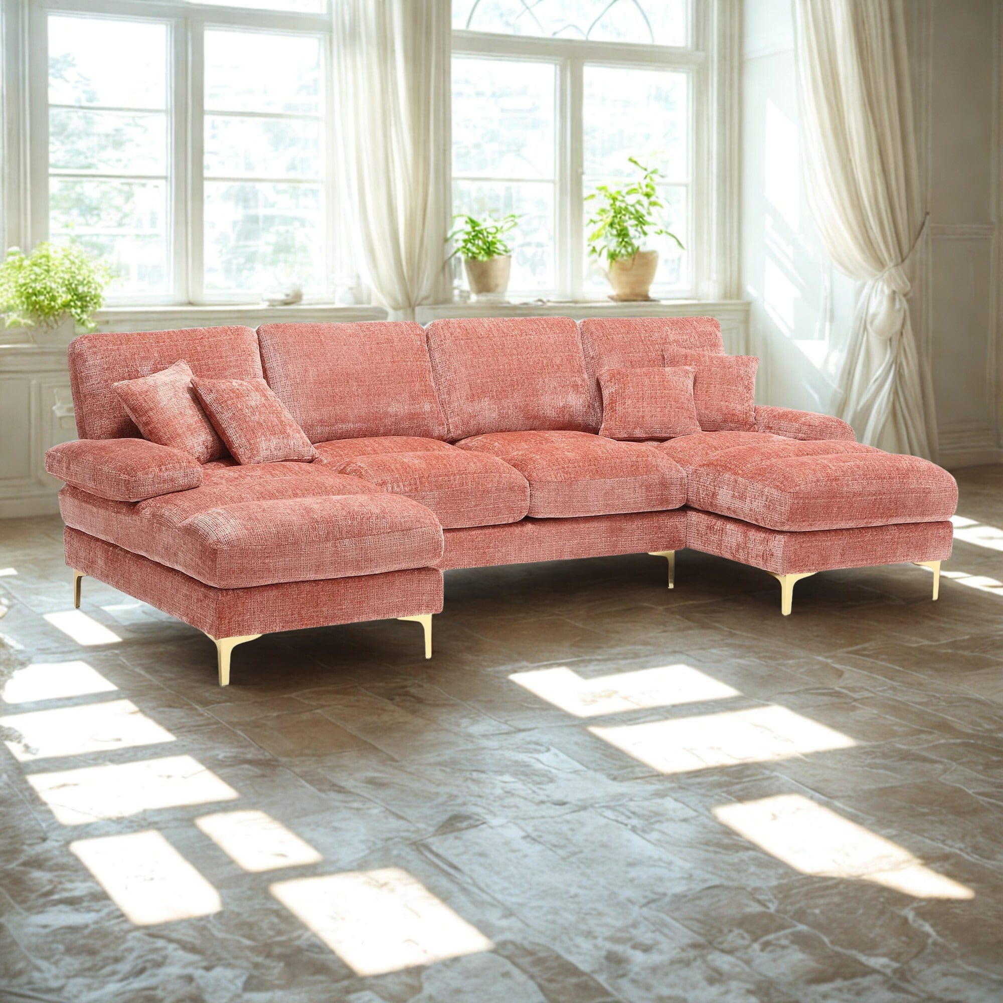 Canapé Panoramique Rose XXL en U Tissu Chenille