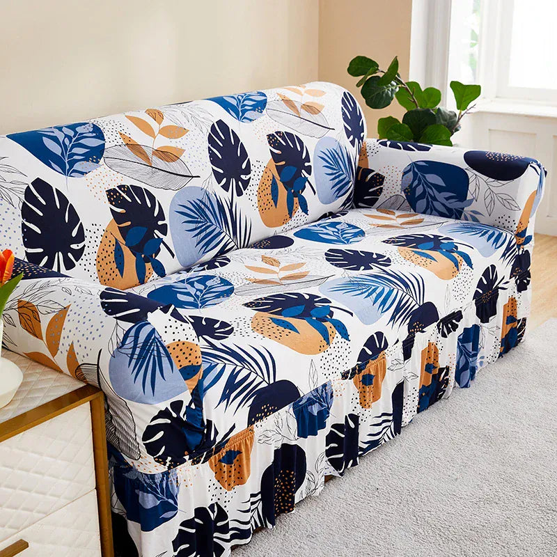 Housse de Canapé Imprimé à Jupe Motif Feuille Bleu