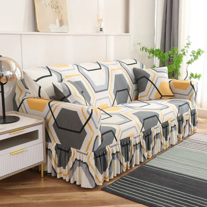 Housse de Canapé Imprimé à Jupe motif Géométrique Gris et Jaune
