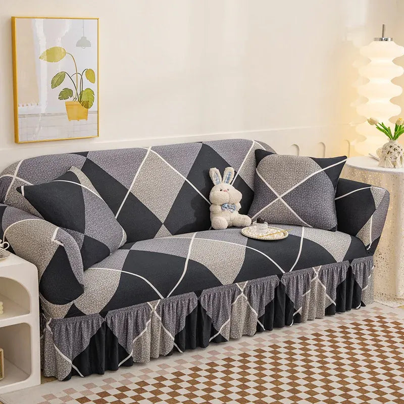 Housse de Canapé Imprimé à Jupe Motif Gris Clair et Foncé