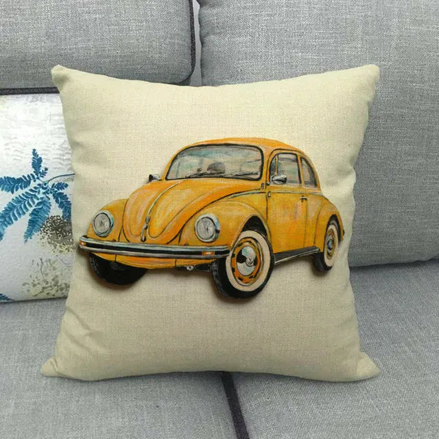 Housse de Coussin Décoratif Motif VW Coccinelle Jaune Rétro