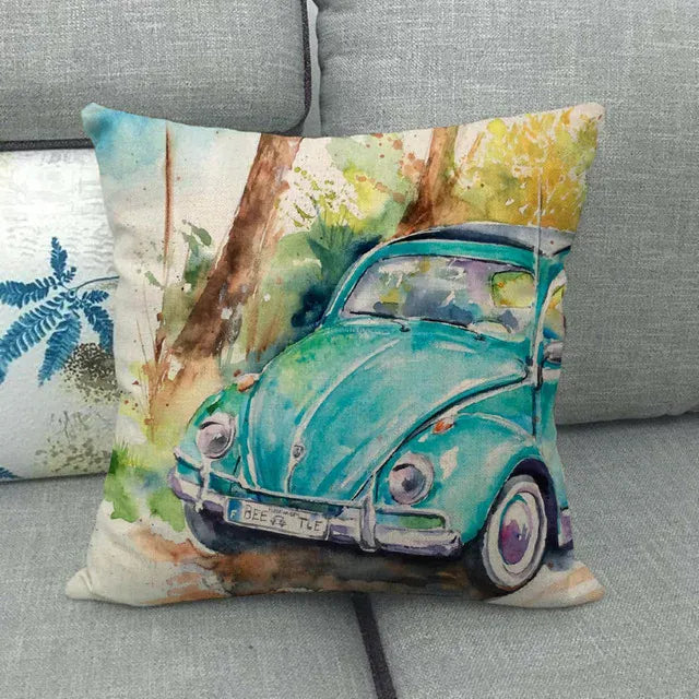 Housse de Coussin Décorative Motif VW Coccinelle Turquoise