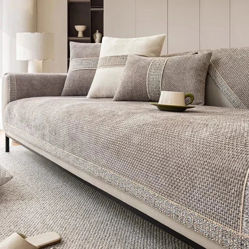 Protège-canapé en Chenille avec Retombées Latérales Marron Clair