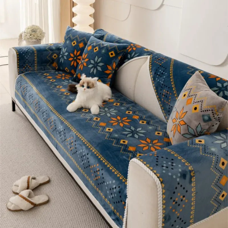 Protège Canapé en Flanelle Nordique Bleu